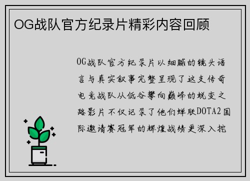 OG战队官方纪录片精彩内容回顾