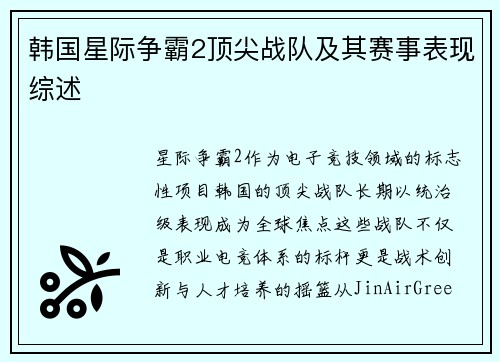 韩国星际争霸2顶尖战队及其赛事表现综述